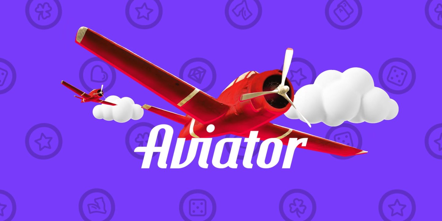 Aviator crash game poster with a red propeller plane and rising multiplier curve